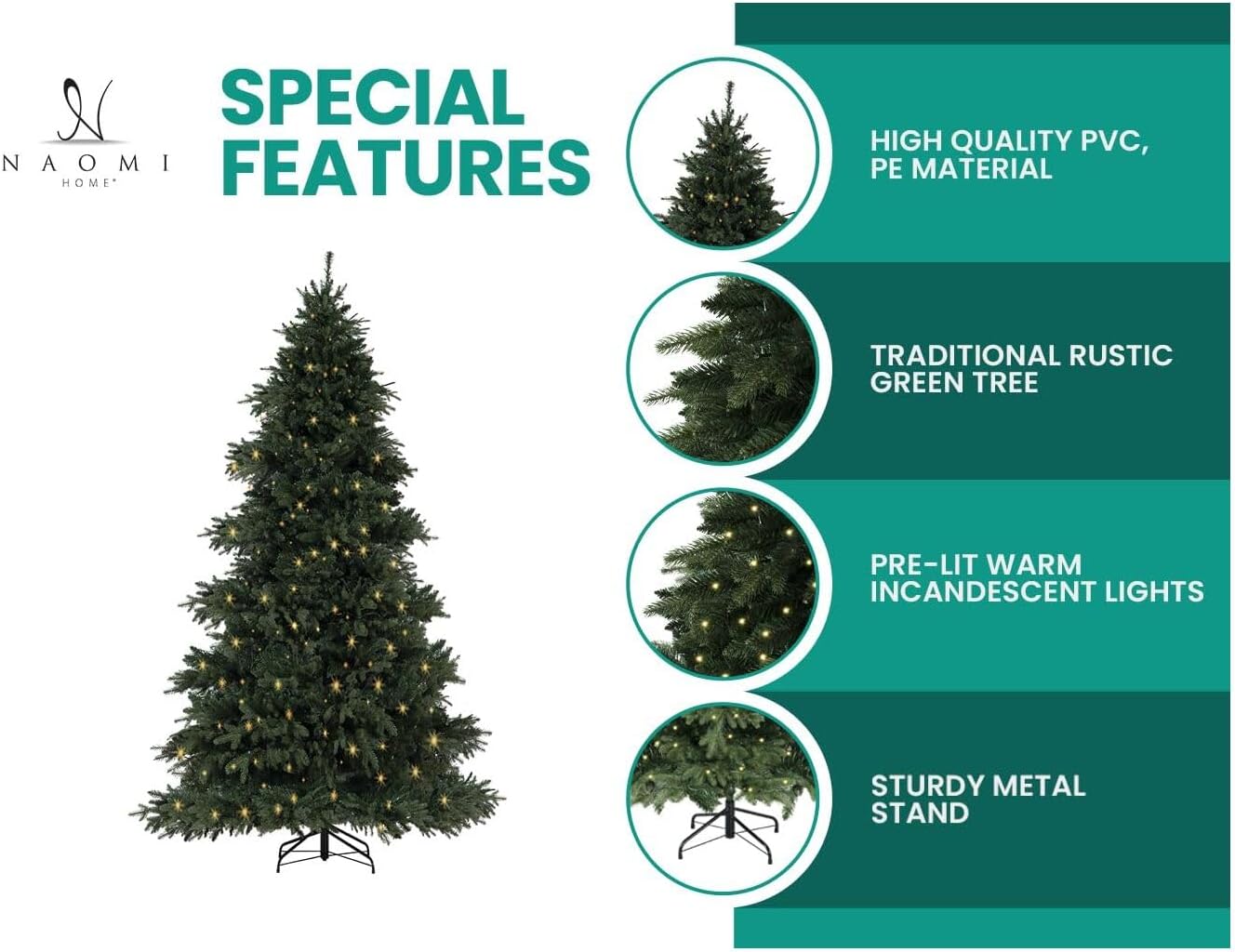 Naomi Home 6.5ft Rustic Christmas Tree with Lights, Realistic Classic Prelit with 2595 Branch Tips, 600 Warm Lights and Metal Stand, Aritificial Tree