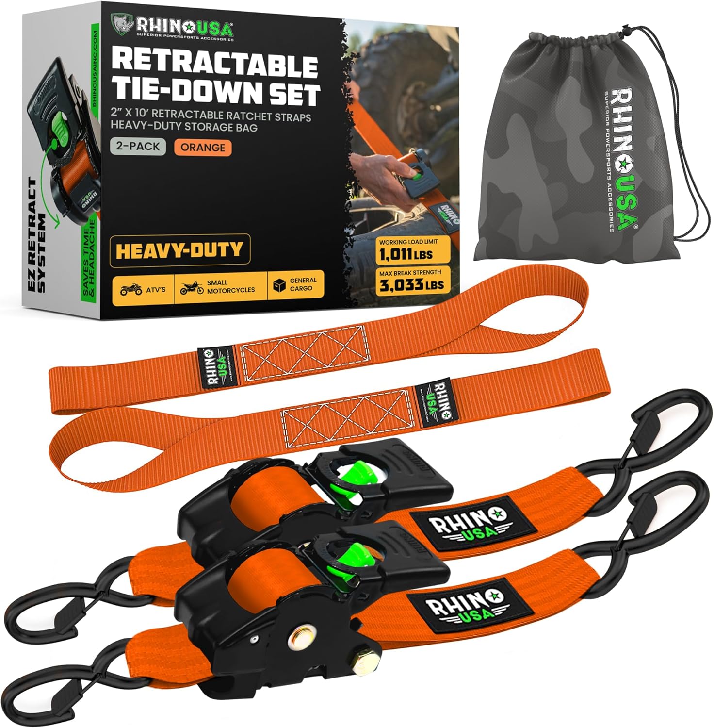 Rhino USA Retractable Ratchet Straps (2-Pack) - 2 Inch x 10 Feet (3,033lb Break Strength) - Heavy Duty Auto Self Retracting Tie Down Straps for Truck, Cargo Trailer, Motorcycle, Rad & More - Black