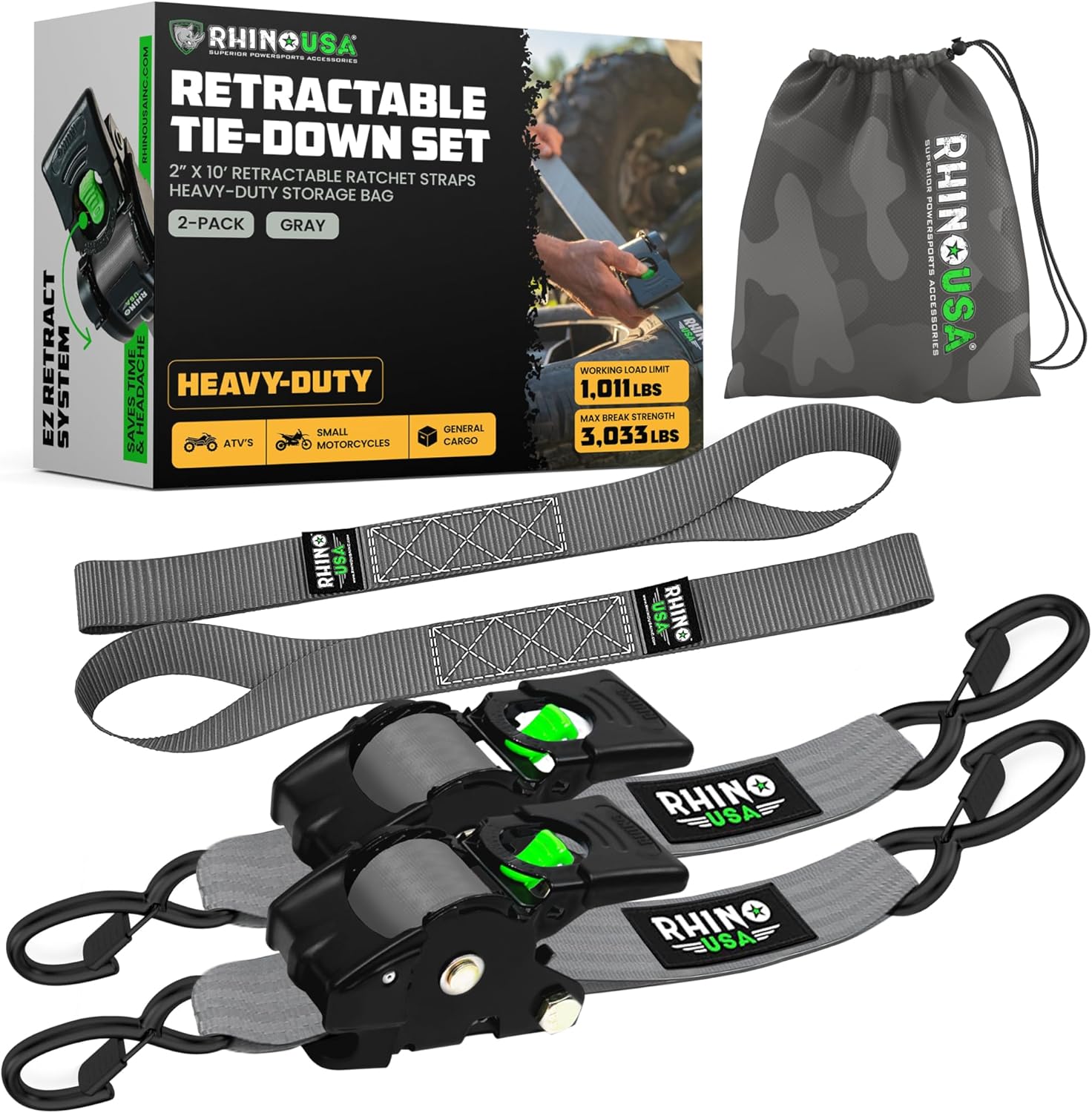 Rhino USA Retractable Ratchet Straps (2-Pack) - 2 Inch x 10 Feet (3,033lb Break Strength) - Heavy Duty Auto Self Retracting Tie Down Straps for Truck, Cargo Trailer, Motorcycle, Rad & More - Black