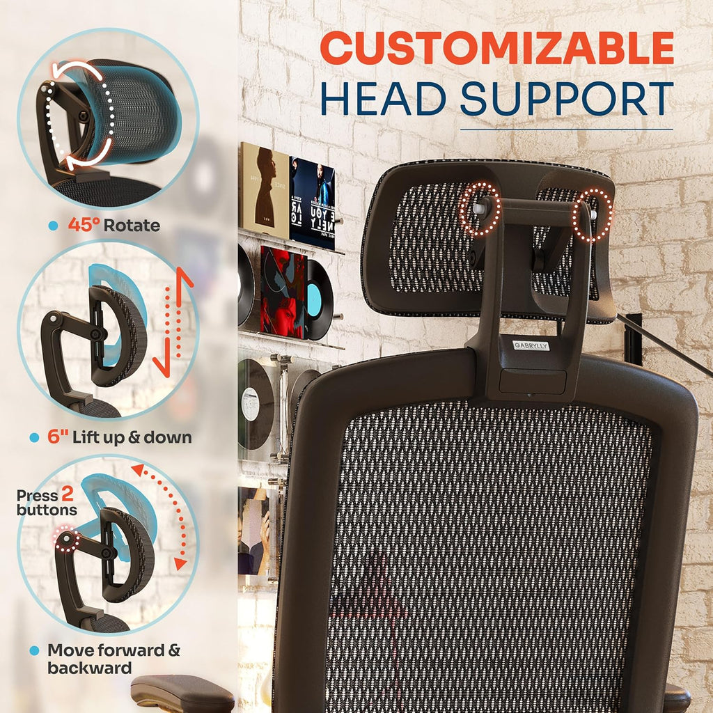 GABRYLLY Ergonomic Office Chair, High Back Home Desk Chair with Headrest, Flip-Up Arms, 90-120° Tilt Lock and Wide Cushion, Big and Tall Mesh Chairs for Man Woman, Grey Task Chair