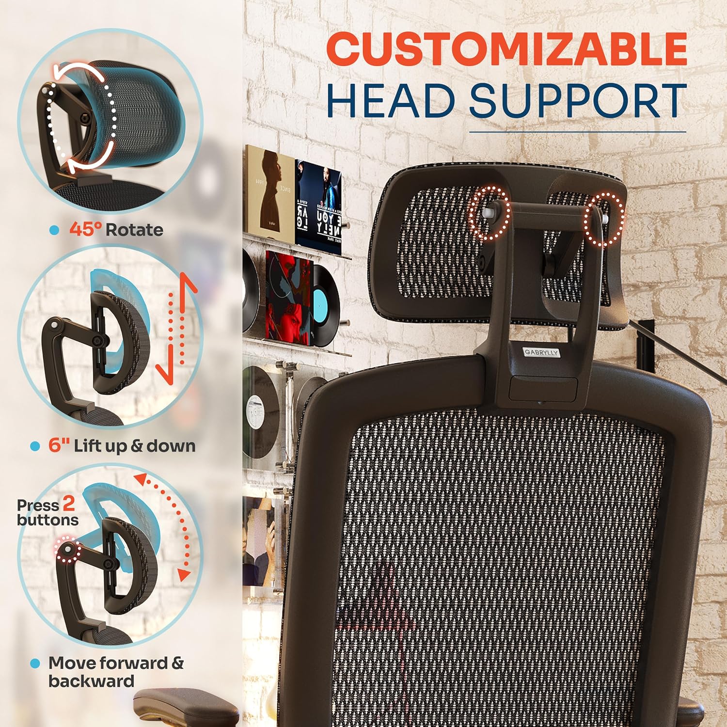 GABRYLLY Ergonomic Office Chair, High Back Home Desk Chair with Headrest, Flip-Up Arms, 90-120° Tilt Lock and Wide Cushion, Big and Tall Mesh Chairs for Man Woman, Grey Task Chair