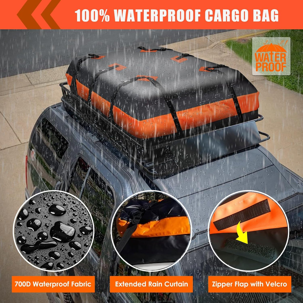 MeeFar High Rail Trailer Folding Hitch Mount Cargo Carrier Basket 60" X 24" X 14"+Waterproof Cargo Bag 20 cu ft(59" 24" 24"), Capacity of 500 Lbs with Hitch Stabilizer, Net, Lock and Straps