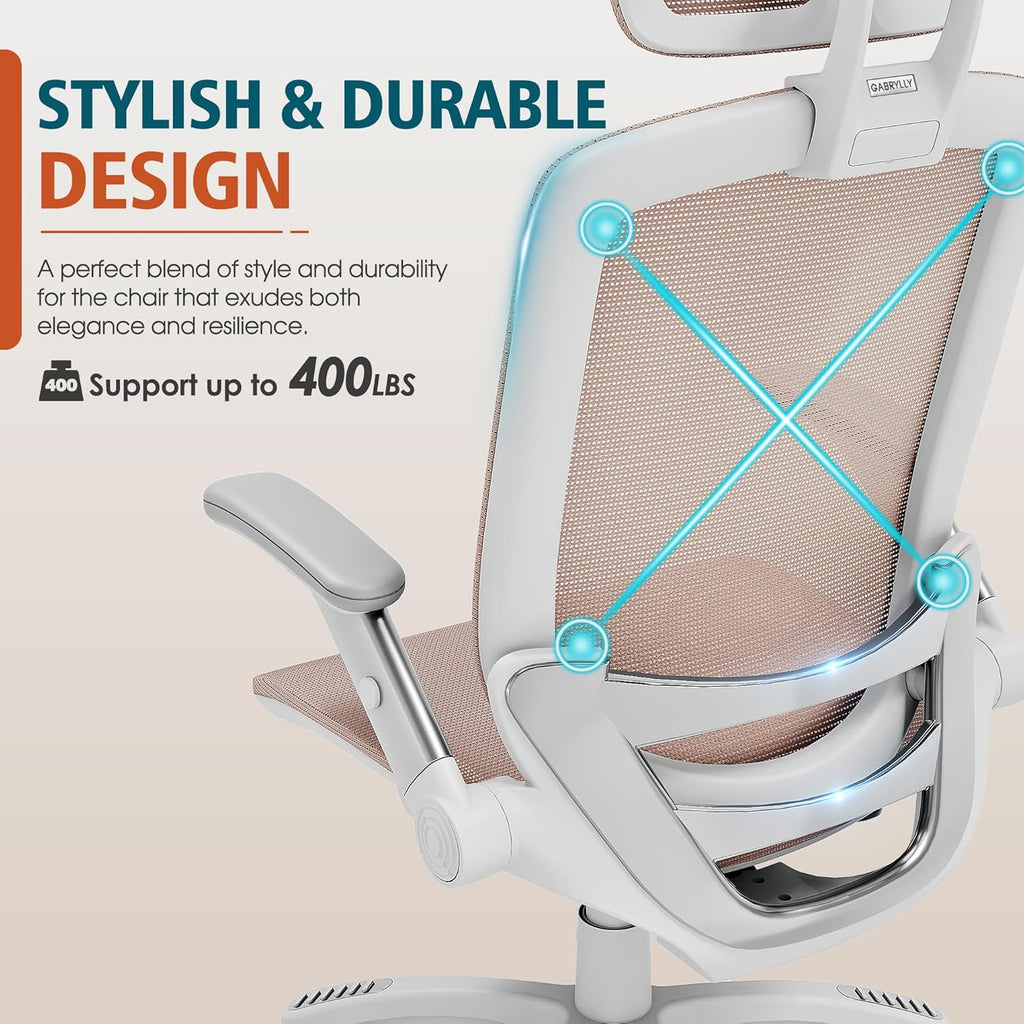 GABRYLLY Ergonomic Office Chair, High Back Home Desk Chair with Headrest, Flip-Up Arms, 90-120° Tilt Lock and Wide Cushion, Big and Tall Mesh Chairs for Man Woman, Grey Task Chair
