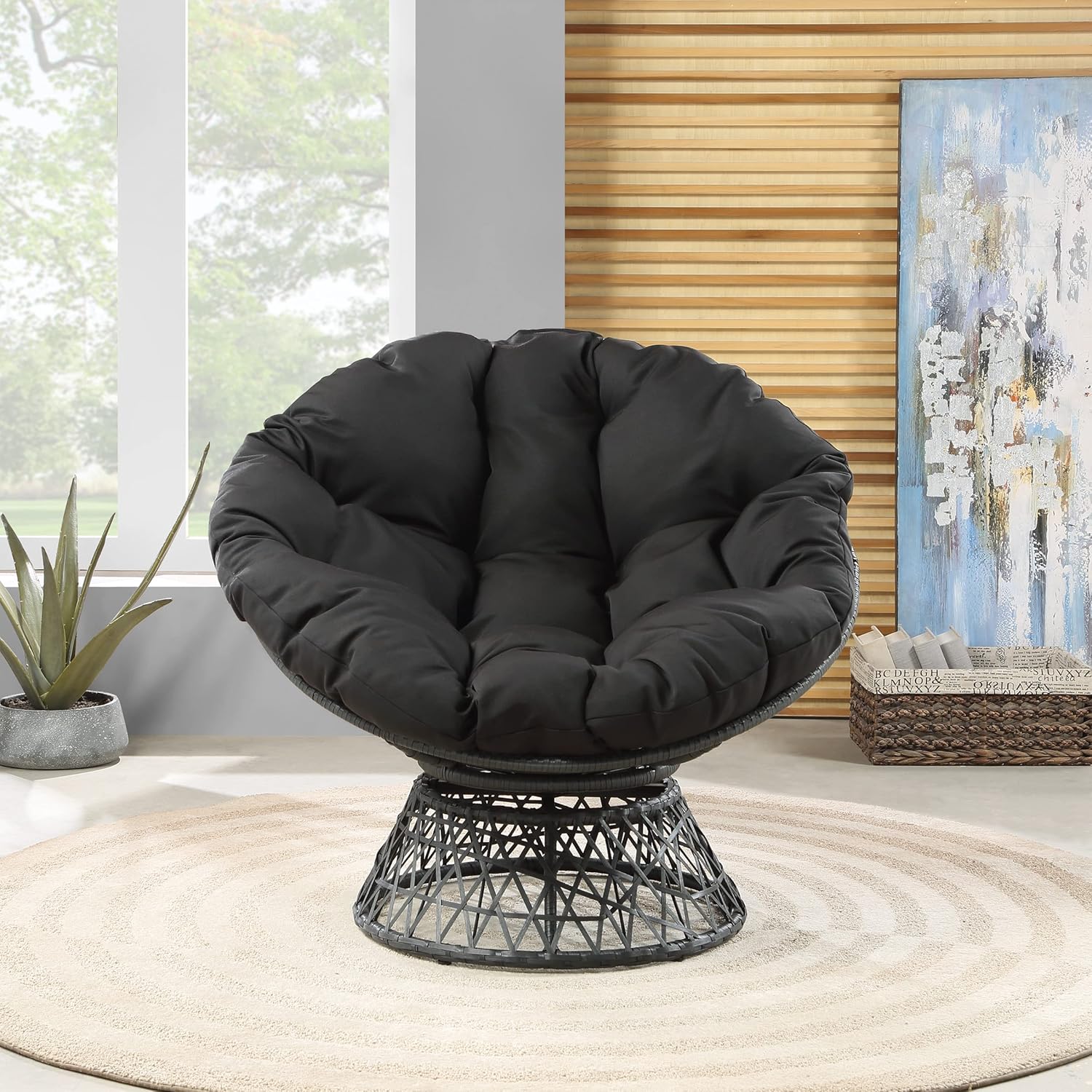 OSP Home Furnishings Wicker Papasan Chair with 360-Degree Swivel, Brown Frame with Brown Cushion