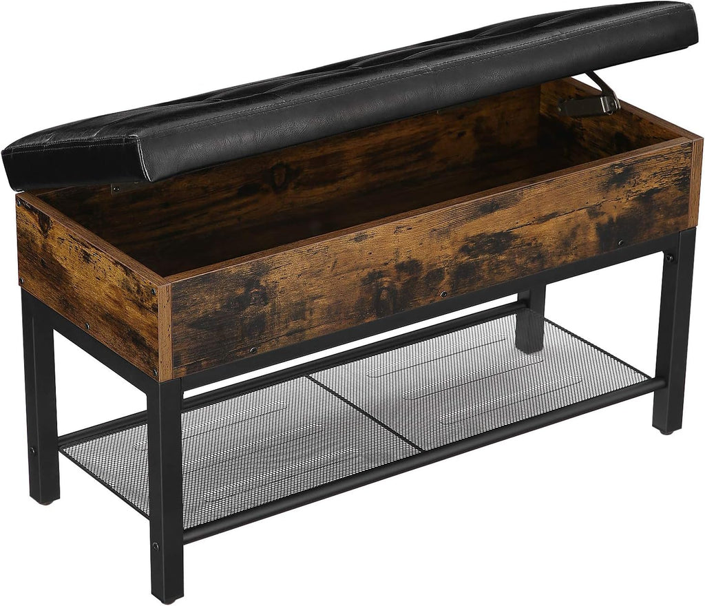 VASAGLE Shoe Bench, Storage Bench with Cupboard and 9 Open Compartments, Shoe Shelf, Padded Seat, Barn Door, 11.8 x 43.3 x 18.9 Inches, Rustic Brown ULHS058X01