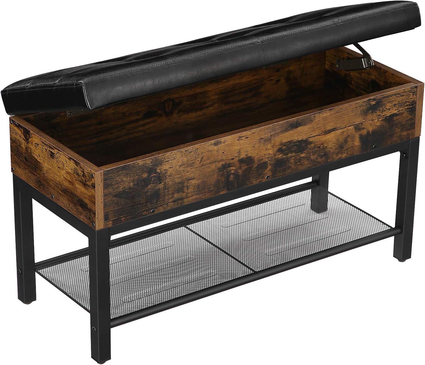 VASAGLE Shoe Bench, Storage Bench with Cupboard and 9 Open Compartments, Shoe Shelf, Padded Seat, Barn Door, 11.8 x 43.3 x 18.9 Inches, Rustic Brown ULHS058X01