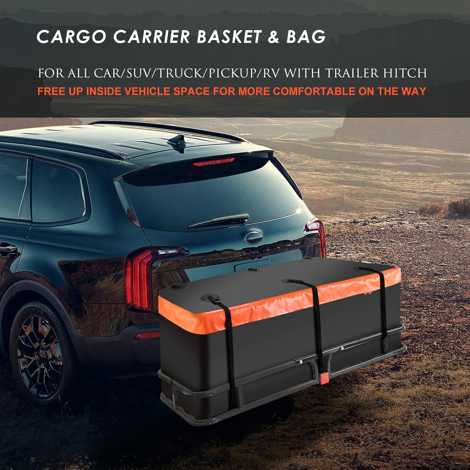 MeeFar High Rail Trailer Folding Hitch Mount Cargo Carrier Basket 60" X 24" X 14"+Waterproof Cargo Bag 20 cu ft(59" 24" 24"), Capacity of 500 Lbs with Hitch Stabilizer, Net, Lock and Straps