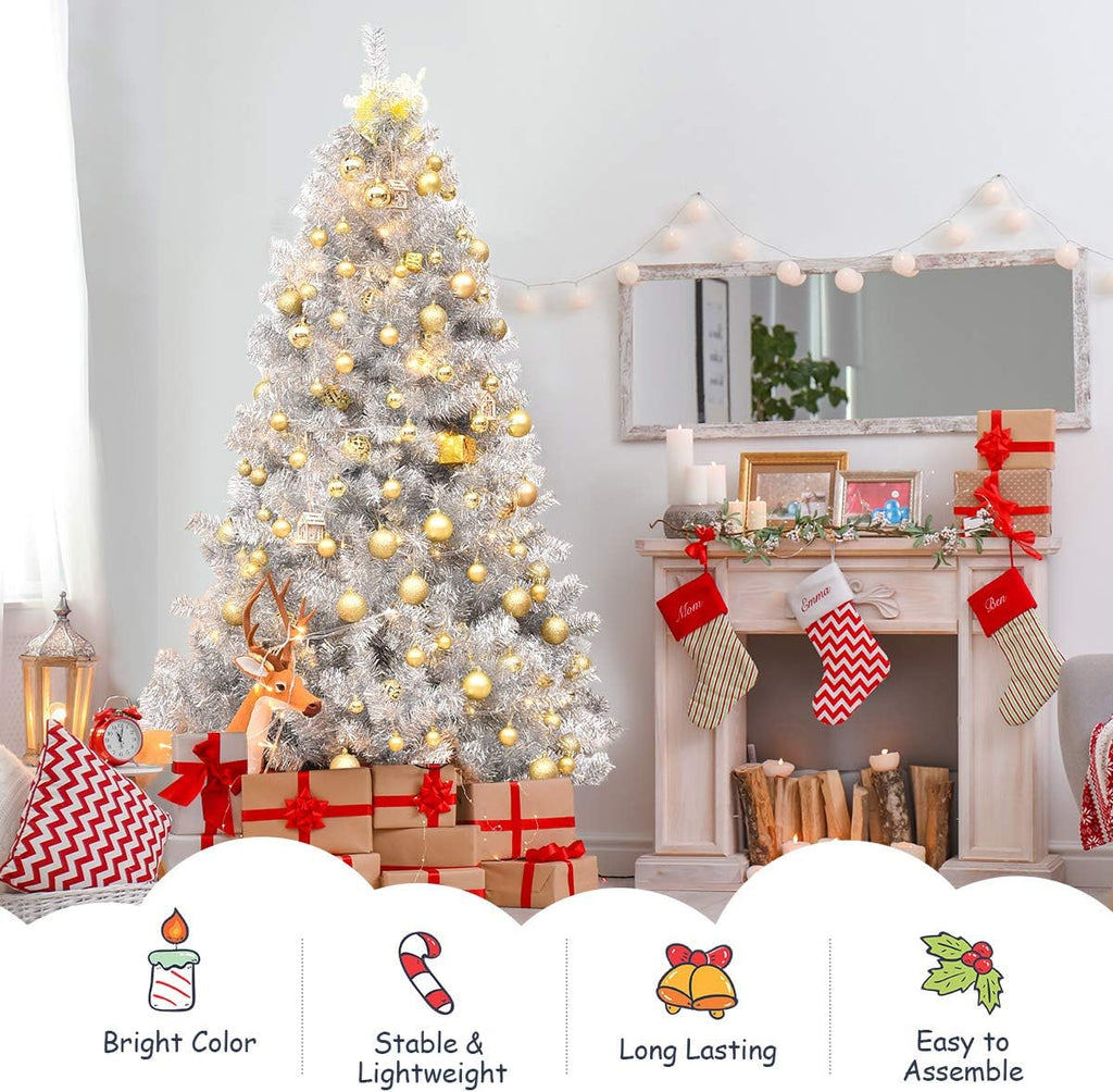 Goplus 7ft Artificial White Christmas Tree Xmas Pine Tree with Solid Metal Legs Perfect for Indoor and Outdoor Holiday Decoration