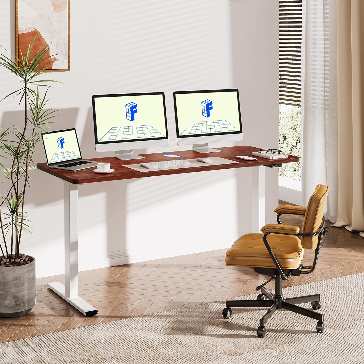 FLEXISPOT EN1 One-Piece Standing Desk 55 x 28 Inch Electric Adjustable Height Desk for Home Office and Computer Workstation (White Frame + 55" Maple Top, 2 Packages)