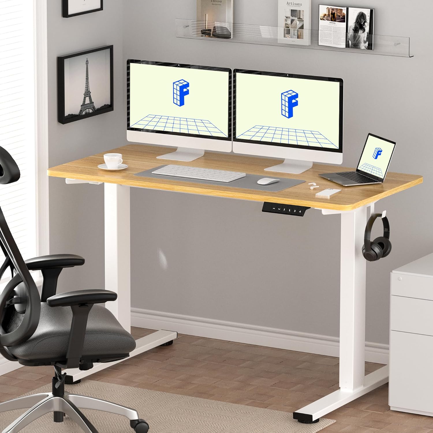 FLEXISPOT EN1 One-Piece Standing Desk 55 x 28 Inch Electric Adjustable Height Desk for Home Office and Computer Workstation (White Frame + 55" Maple Top, 2 Packages)