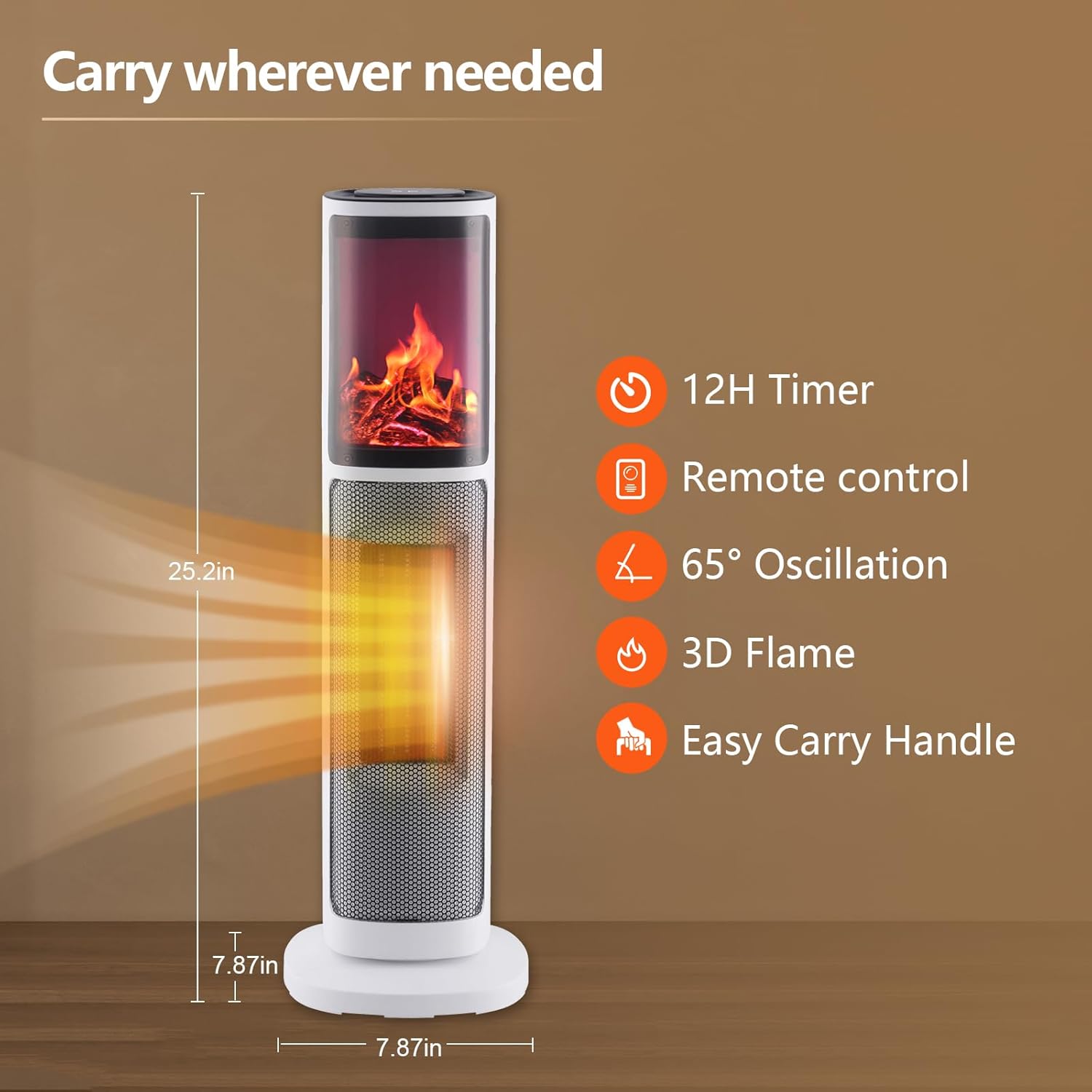 Tower Heater for Indoor Use, 750/1500W Ceramic Space Heater with Thermostat&Oscillating, Digital Space Heater with Realistic 3D Flame, Timer and Remote Control