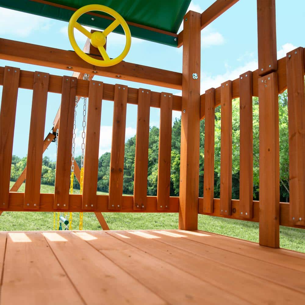 DIYOuting III Wooden Outdoor Playset with Tarp Roof, Rock Wall, Wave Slide, Swings, and Backyard Swing Set Accessories