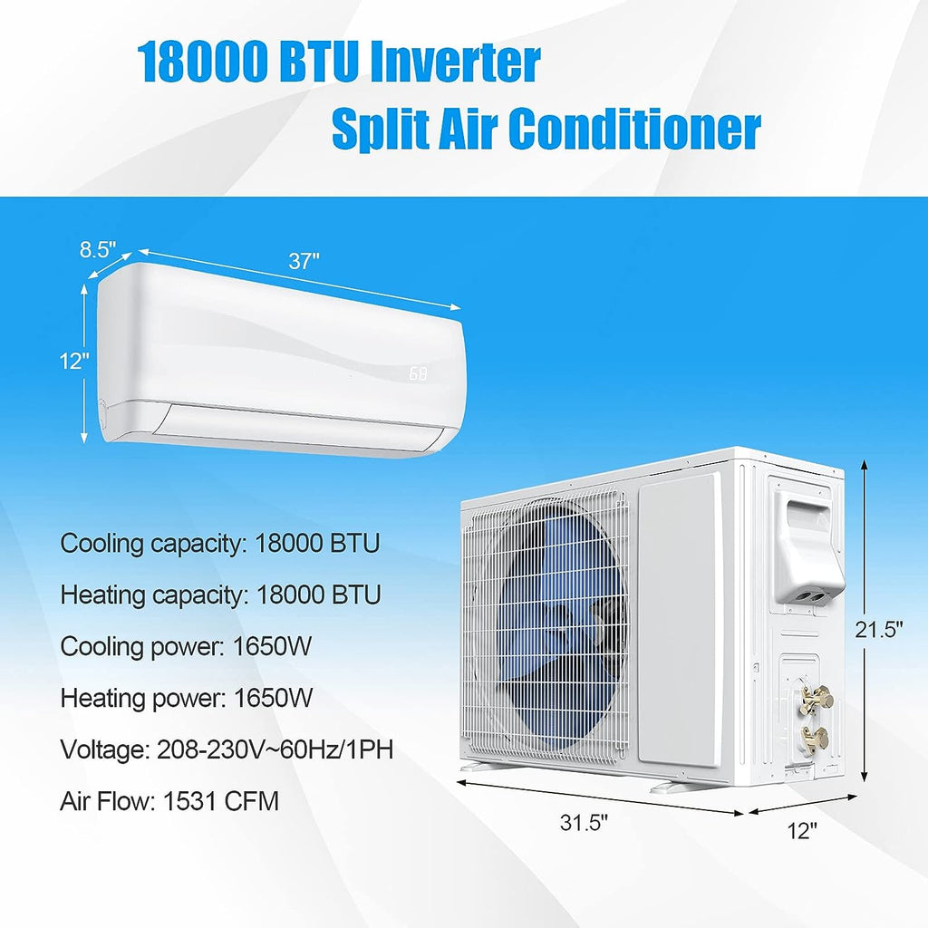 PETSITE 18000 BTU Air Conditioner, 19 SEER2 208-230V Wall Mounted Ductless AC Unit Energy Saving with Installation Kit Cools Rooms up to 1250 Sq. Ft, White