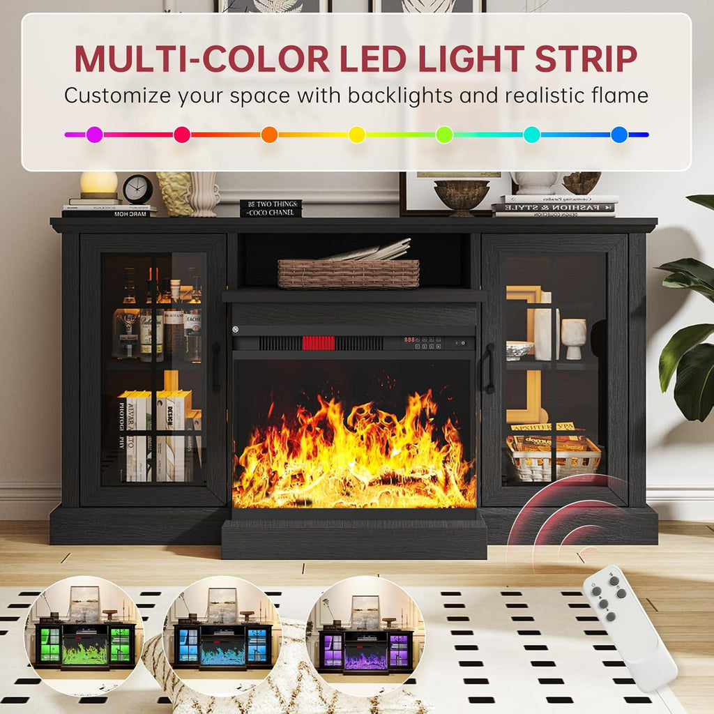 oneinmil 59'' Fireplace TV Stand, 3 Sided Glass Media Entertainment Center Console Table for TVs up to 65'' with Glass Door Adjustable Flame LED Color for Living Room, Set of TV Table, White