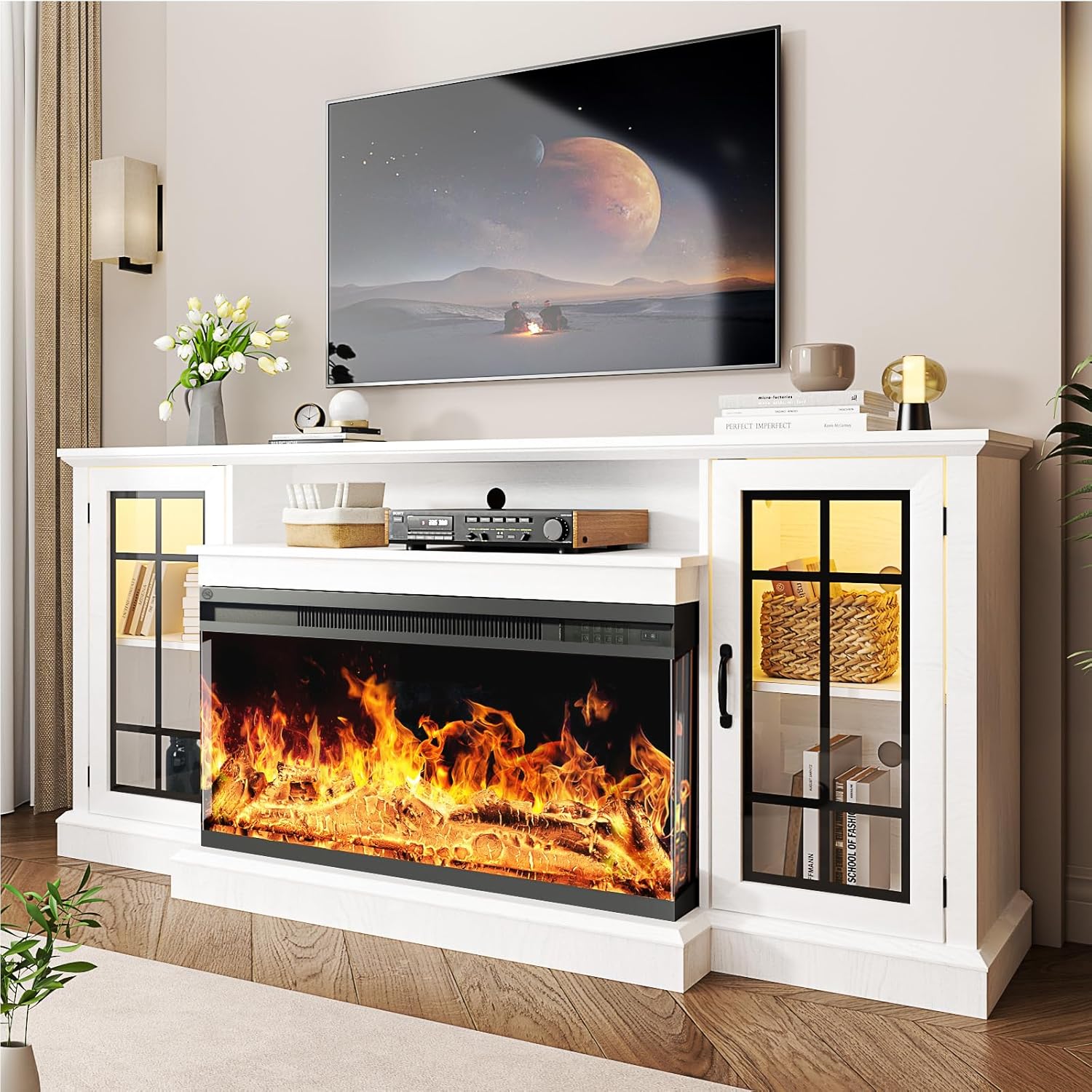 oneinmil 59'' Fireplace TV Stand, 3 Sided Glass Media Entertainment Center Console Table for TVs up to 65'' with Glass Door Adjustable Flame LED Color for Living Room, Set of TV Table, White