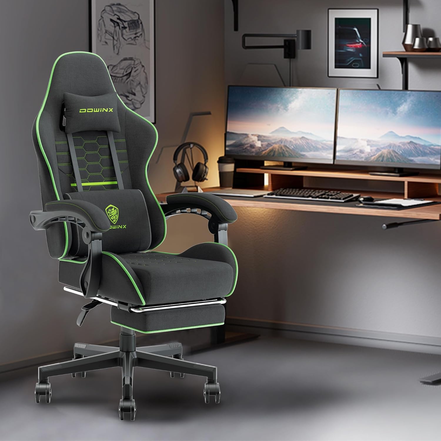 Dowinx Gaming Chair Fabric with Pocket Spring Cushion, Massage Game Chair Cloth with Headrest, Ergonomic Computer Chair with Footrest 290LBS, Blue and Grey