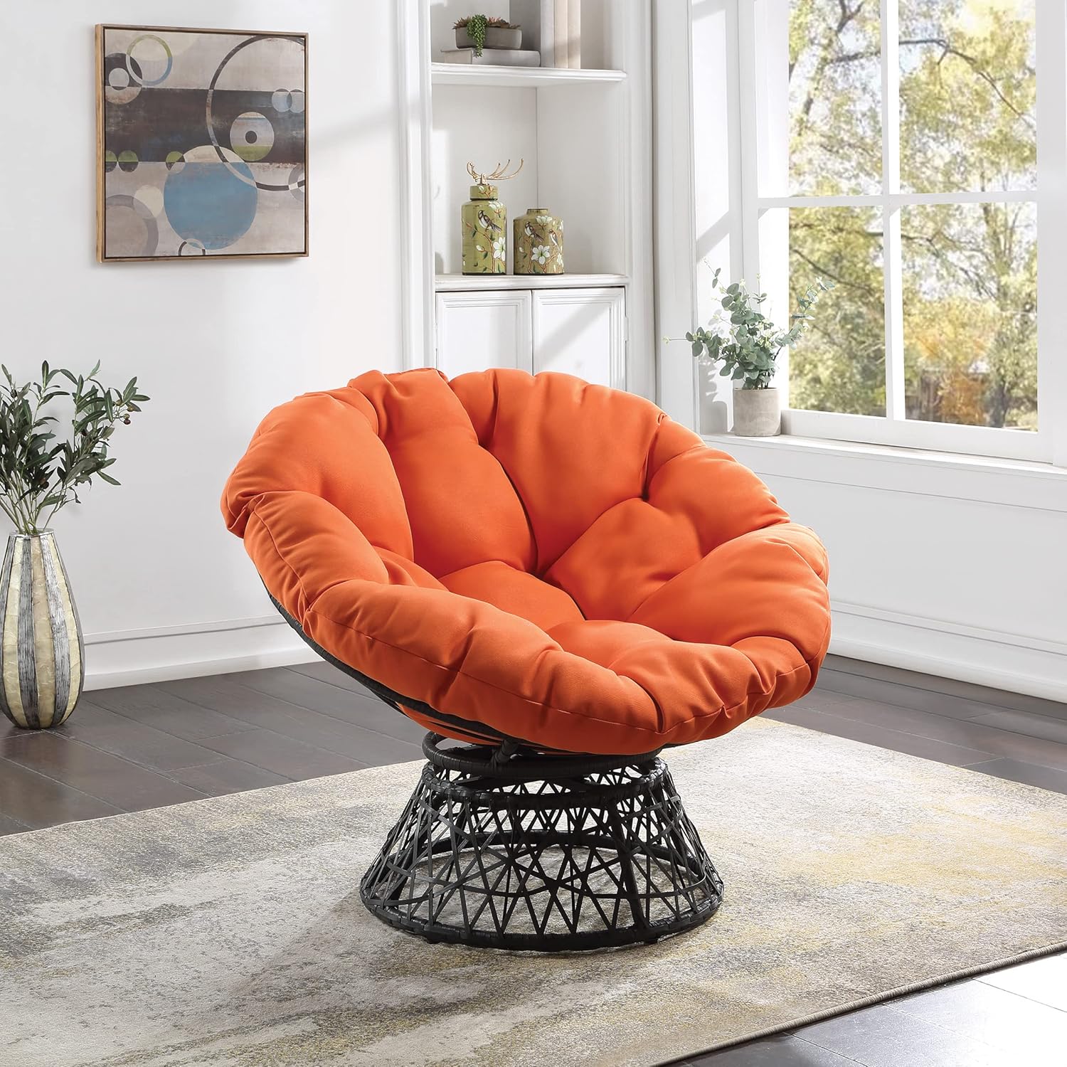 OSP Home Furnishings Wicker Papasan Chair with 360-Degree Swivel, Brown Frame with Brown Cushion