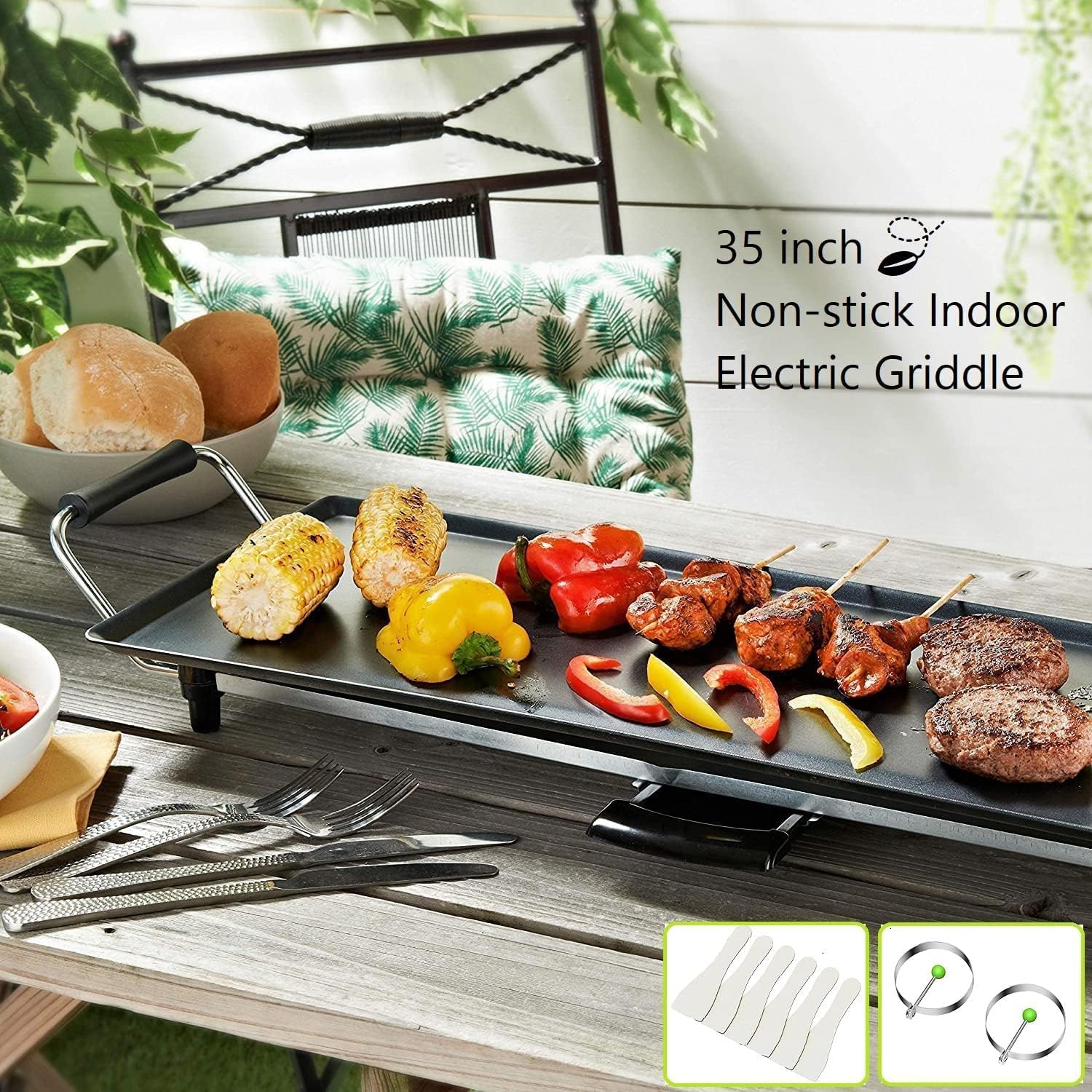 Electric Teppanyaki Grill Griddle, BBQ Smokeless Grills, 2000W Indoor Outdoor Barbecue Griddles Table Top with Nonstick Surfaces and Adjustable 5 Temperature Setting