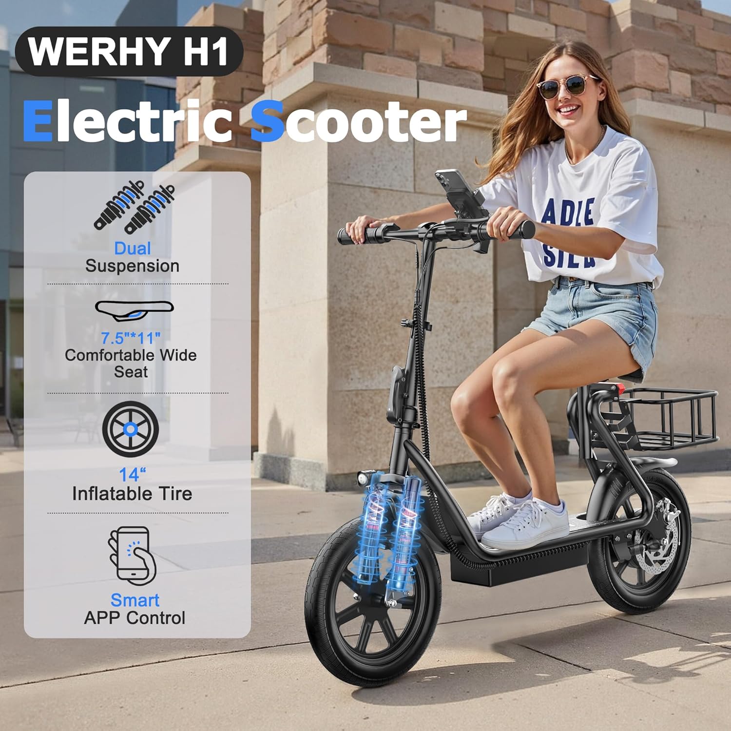 WERHY Electric Scooter, 350W/500W Motor, Top Speed 19/22 mph, Max 16/23/28Miles Ranges, Foldable E Scooter for Adults