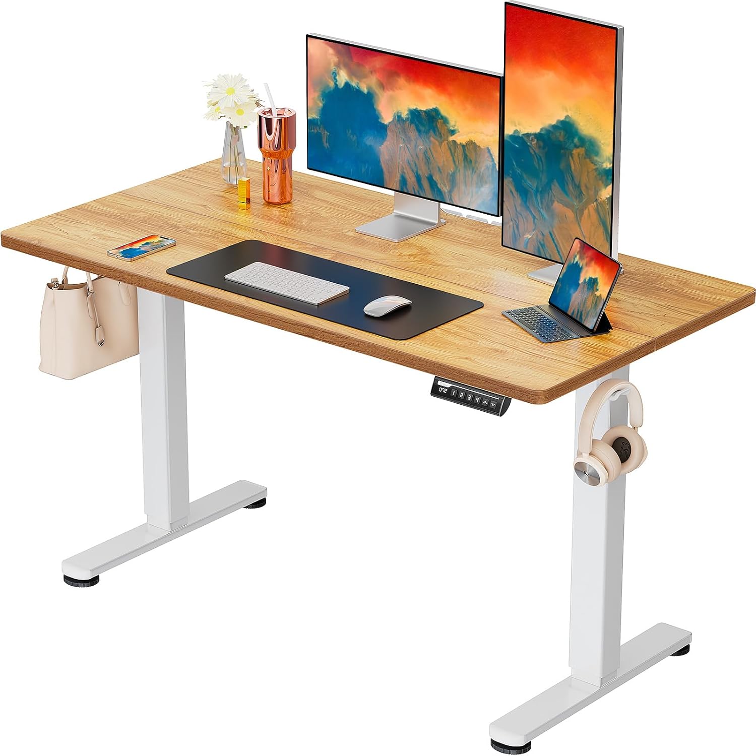 ErGear Height Adjustable Electric Standing Desk, 40 x 24 Inches Sit Stand up Desk, Memory Computer Home Office Desk (Light Vintage Brown)