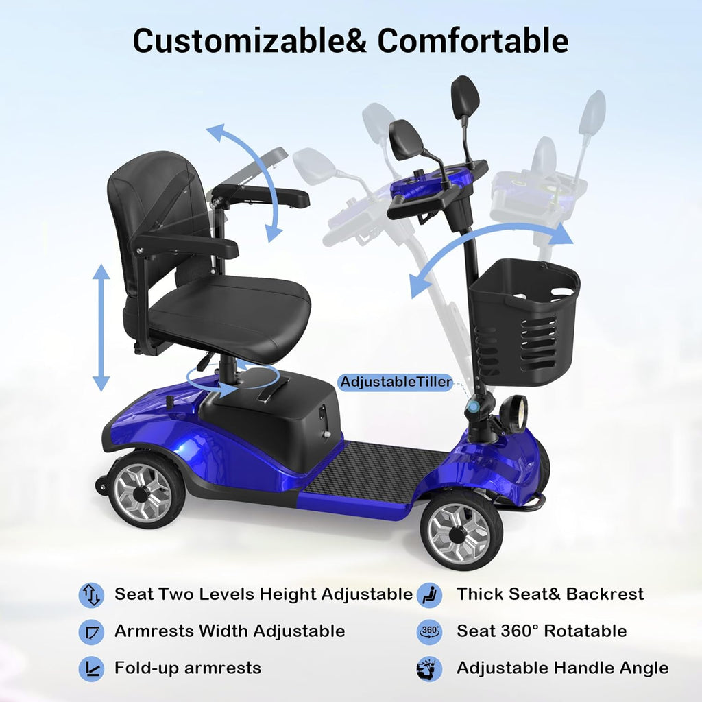 4-Wheel Mobility Scooter for Seniors, Foldable Electric Scooter, Lightweight Powered Electric Wheelchair, Compact Heavy Duty Scooter with Electromagnetic Brake, Rotating Seat, 350LBS Capacity-Red