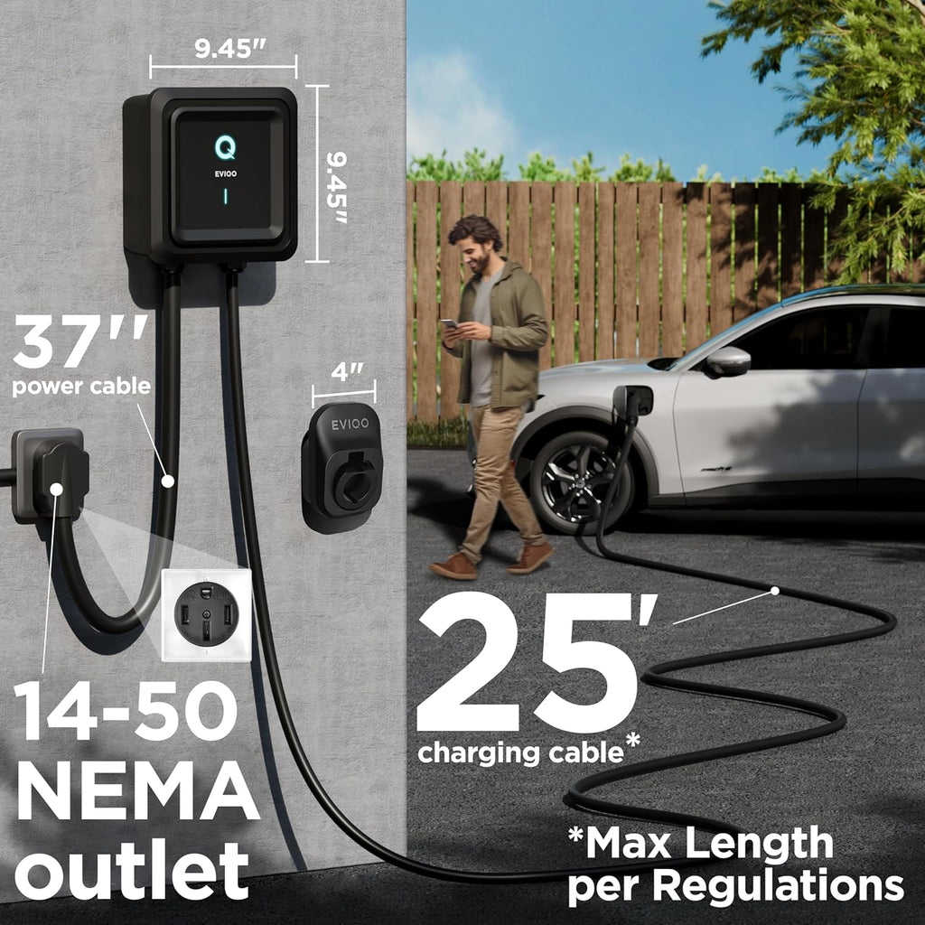 EVIQO Level 2 EV Charger 40 Amp - 9.6 kW 240V Wall EV Charger Level 2 for Home, NEMA 14-50 Plug, J1772 25' Cable, Enhanced Wi-Fi – UL, ETL Certified EVSE, Smart Car EV Charging Station – GEN 2