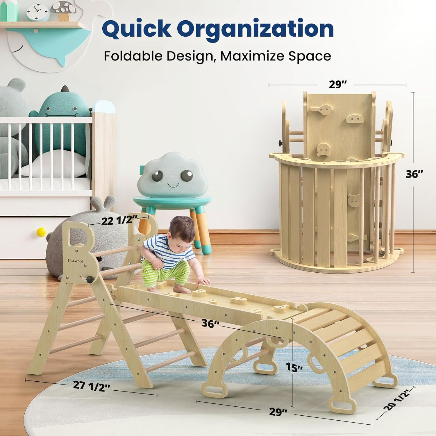 BlueWood Pikler Triangle Set 7in1 Foldable Baby Climbing Wooden Toys with Arch&Ramp&Ladder Climber Indoor Jungle Gyms for Toddlers - Natural Wood