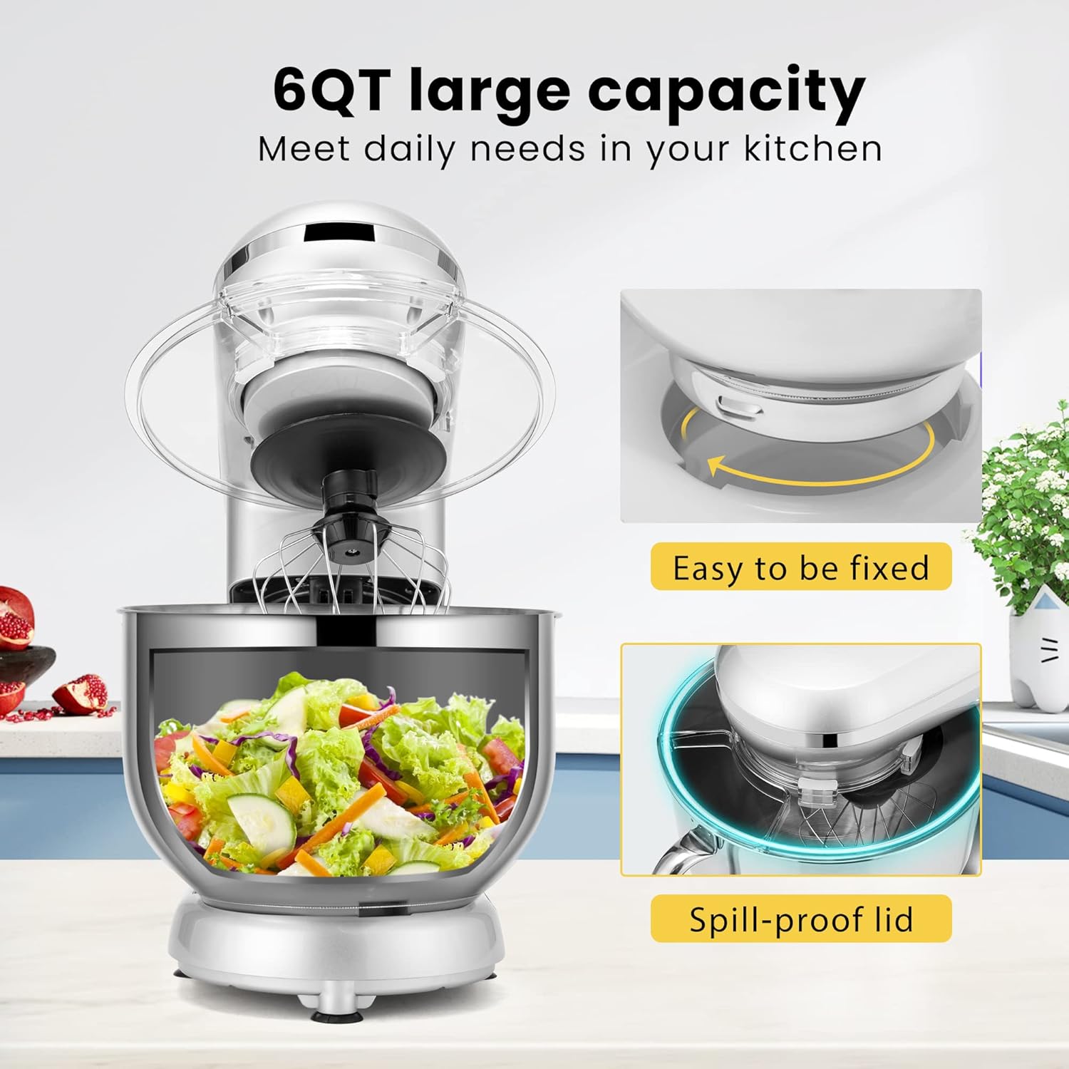 Stand Mixer, 660W 10 Speed 6 Quart Tilt-Head Kitchen Electric Food Mixer with Beater, Dough Hook, Wire Whip and Egg Separator