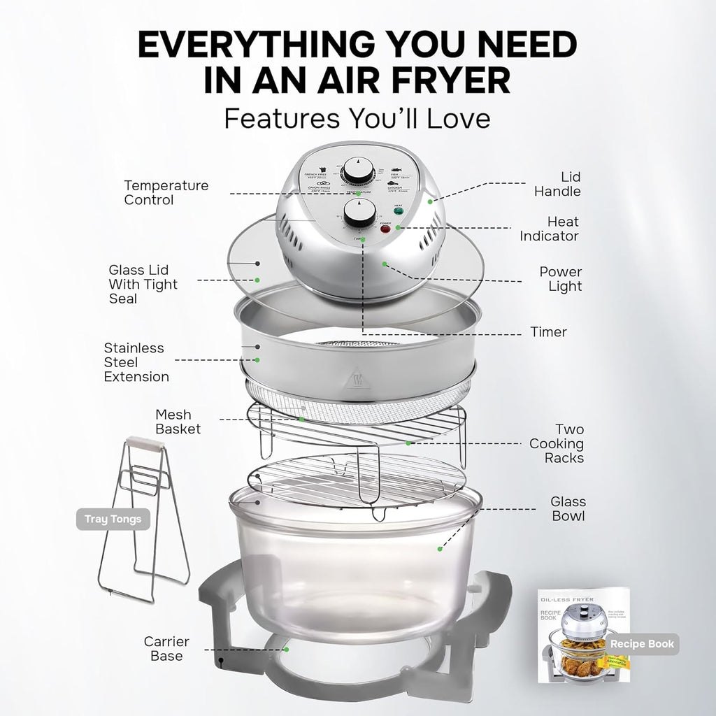 Large Air Fryer Oven – Large Halogen Oven Cooker with 50+ Air Fryers Recipe Book for Quick + Easy Meals for Entire Family, AirFryer Oven Makes Healthier Crispy Foods