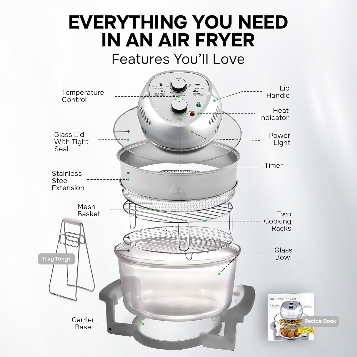 Large Air Fryer Oven – Large Halogen Oven Cooker with 50+ Air Fryers Recipe Book for Quick + Easy Meals for Entire Family, AirFryer Oven Makes Healthier Crispy Foods