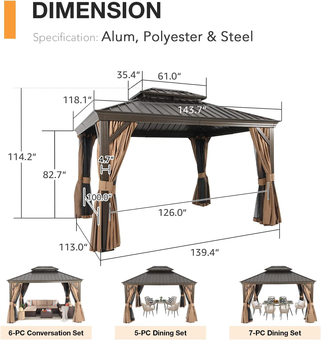 💖Clearance sale✨10’ft x 12’ft Hardtop Gazebo, With Privacy Curtain And Mosquito Net（brown）（Grey）