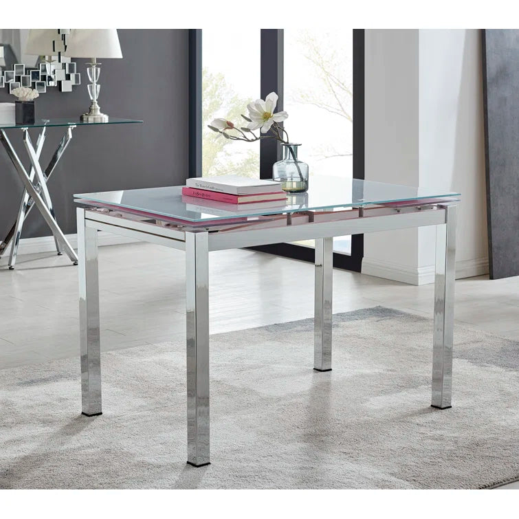 Wolcott Ana Luxury Glass and Chrome Extendable Dining Table - Modern Design Kitchen Table
