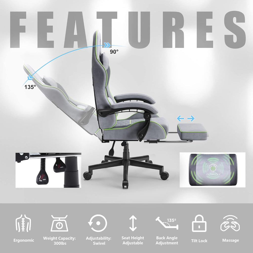 Dowinx Gaming Chair Fabric with Pocket Spring Cushion, Massage Game Chair Cloth with Headrest, Ergonomic Computer Chair with Footrest 290LBS, Blue and Grey