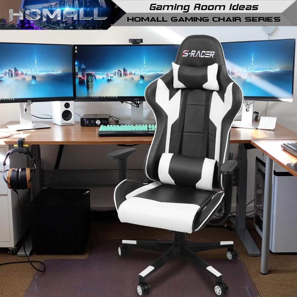 Homall Gaming Chair, Office Chair High Back Computer Chair Leather Desk Chair Racing Executive Ergonomic Adjustable Swivel Task Chair with Headrest and Lumbar Support (Dark Black)