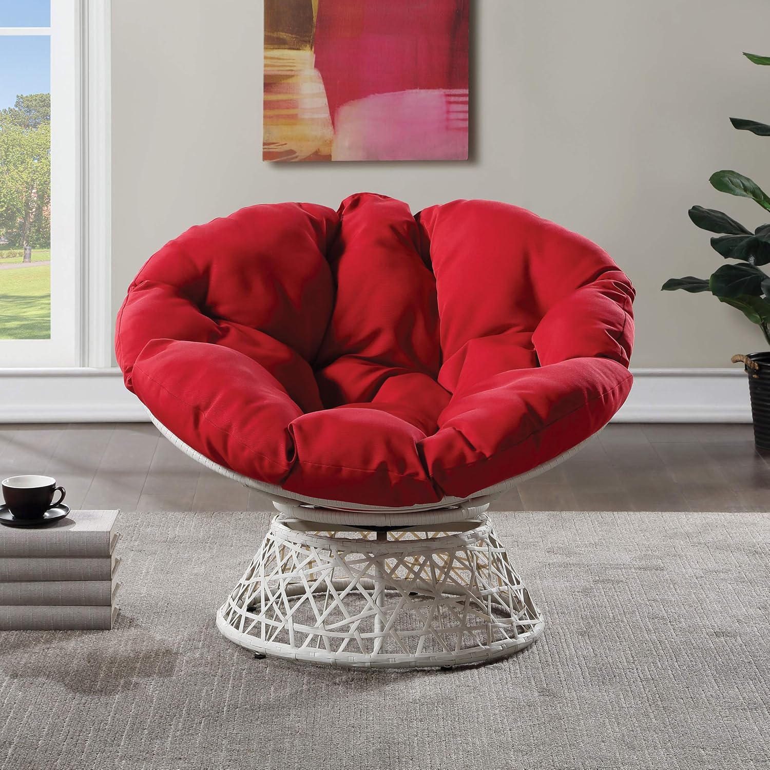 OSP Home Furnishings Wicker Papasan Chair with 360-Degree Swivel, Brown Frame with Brown Cushion