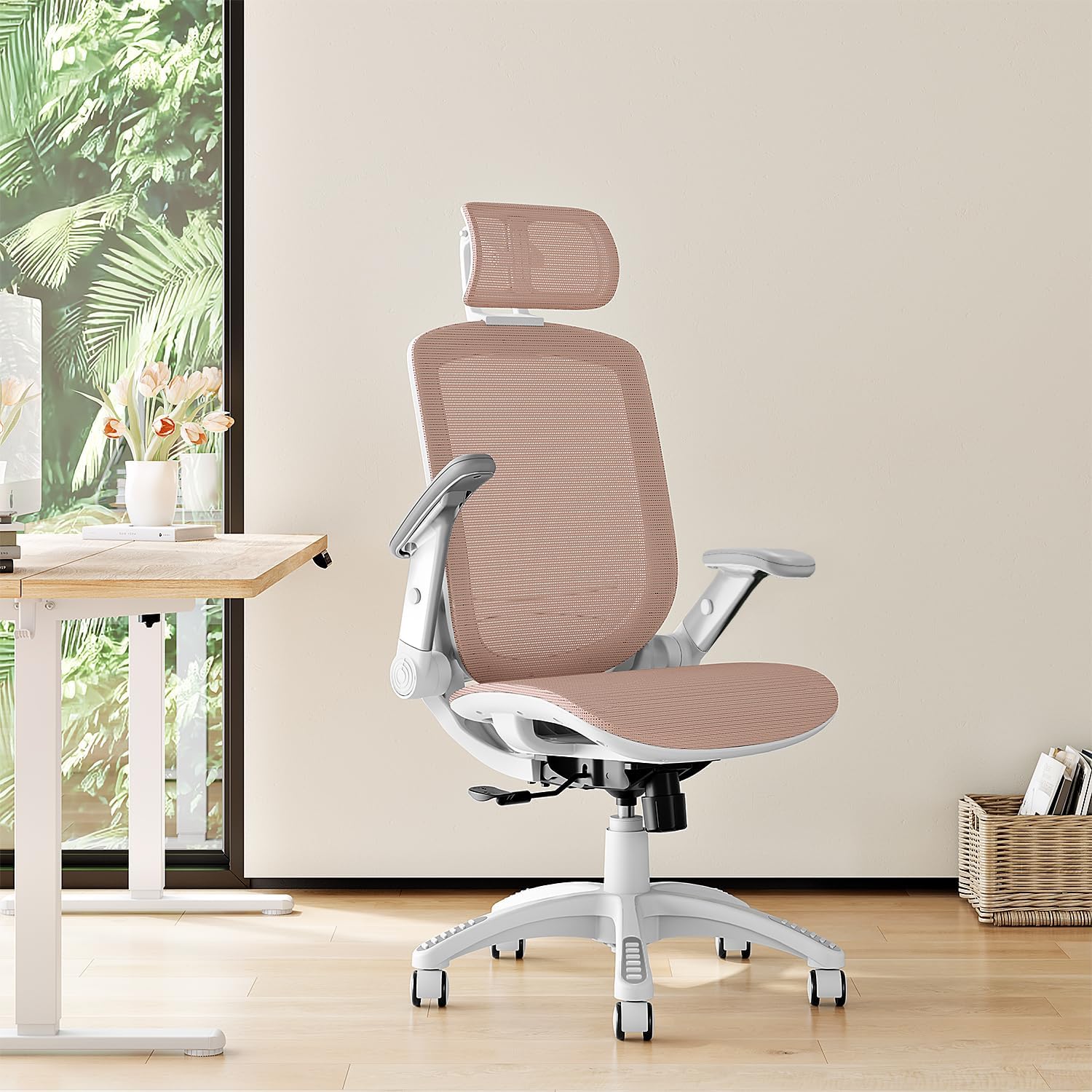 GABRYLLY Ergonomic Office Chair, High Back Home Desk Chair with Headrest, Flip-Up Arms, 90-120° Tilt Lock and Wide Cushion, Big and Tall Mesh Chairs for Man Woman, Grey Task Chair