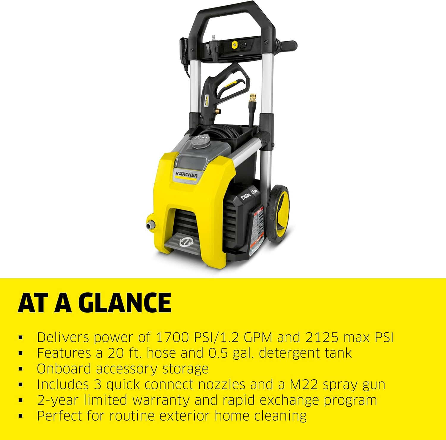 Electric Karcher Pressure Washer K1700, Max 2125 PSI, 3 Spray Nozzles, Detergent Tank, For Cars, Driveways, Siding, Patios, 1.46 max. GPM