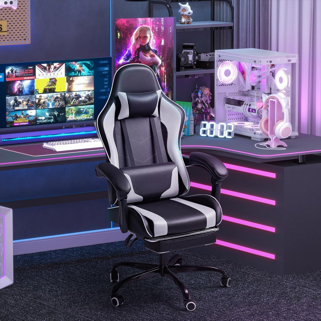 Homall Gaming Chair, Video Game Chair with Footrest and Massage Lumbar Support, Ergonomic Computer Chair Height Adjustable with Swivel Seat and Headrest (Grey)