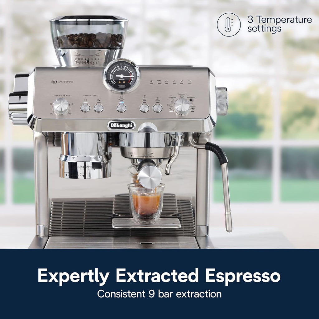De'Longhi La Specialista Maestro Espresso Machine with Grinder, Auto & Manual Milk Frother – Bean-to-Cup Cold Brew Coffee with Cold Extraction Technology, Variable Temp & Tamping Tool, 8 Drink Presets