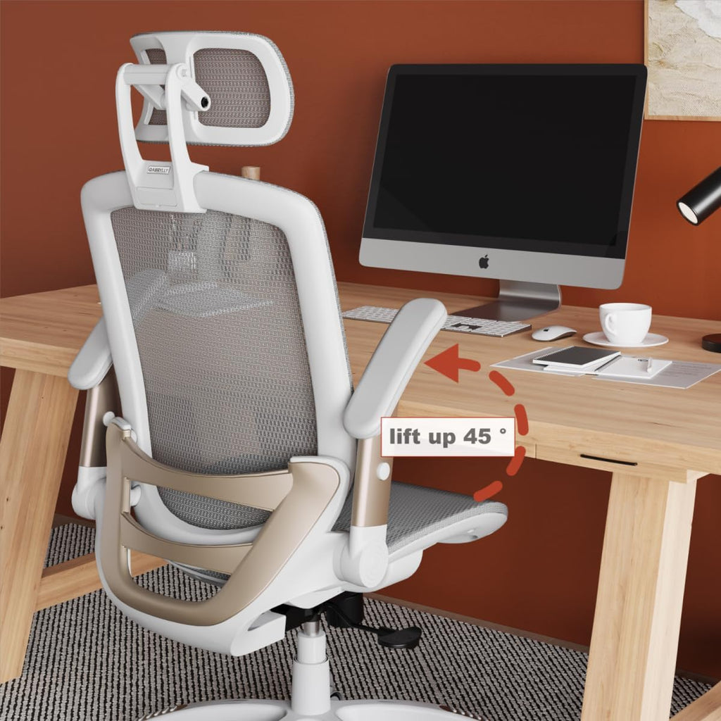 GABRYLLY Ergonomic Office Chair, High Back Home Desk Chair with Headrest, Flip-Up Arms, 90-120° Tilt Lock and Wide Cushion, Big and Tall Mesh Chairs for Man Woman, Grey Task Chair