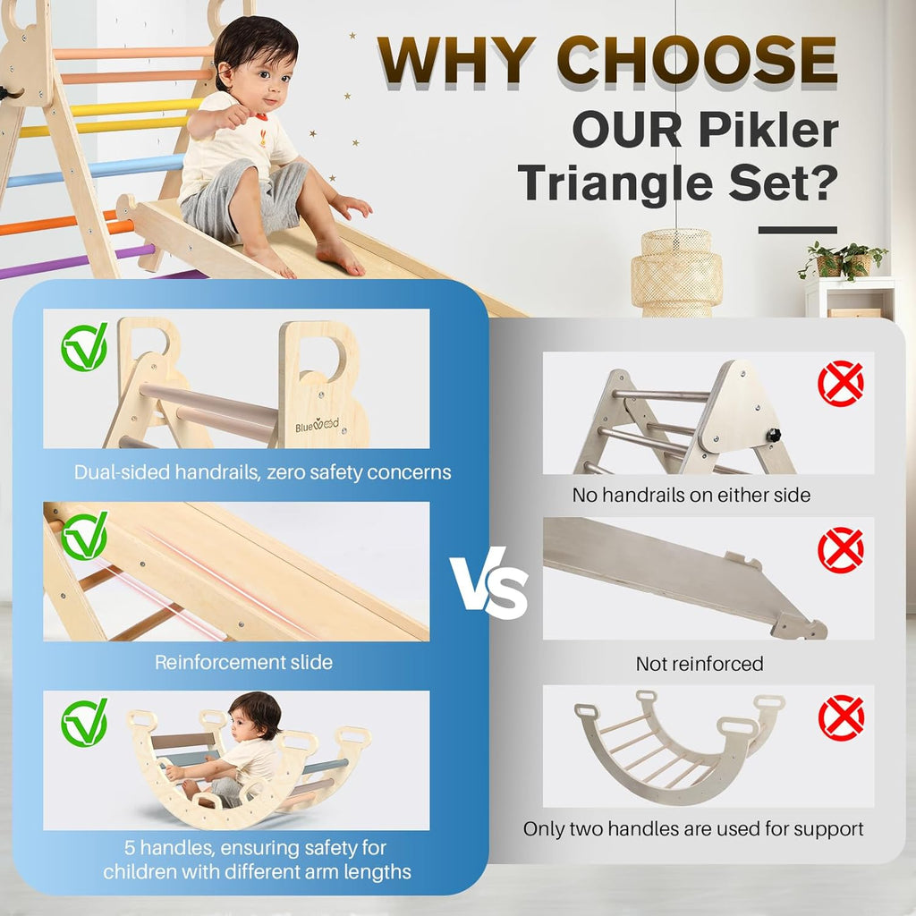 BlueWood Pikler Triangle Set 7in1 Foldable Baby Climbing Wooden Toys with Arch&Ramp&Ladder Climber Indoor Jungle Gyms for Toddlers - Natural Wood