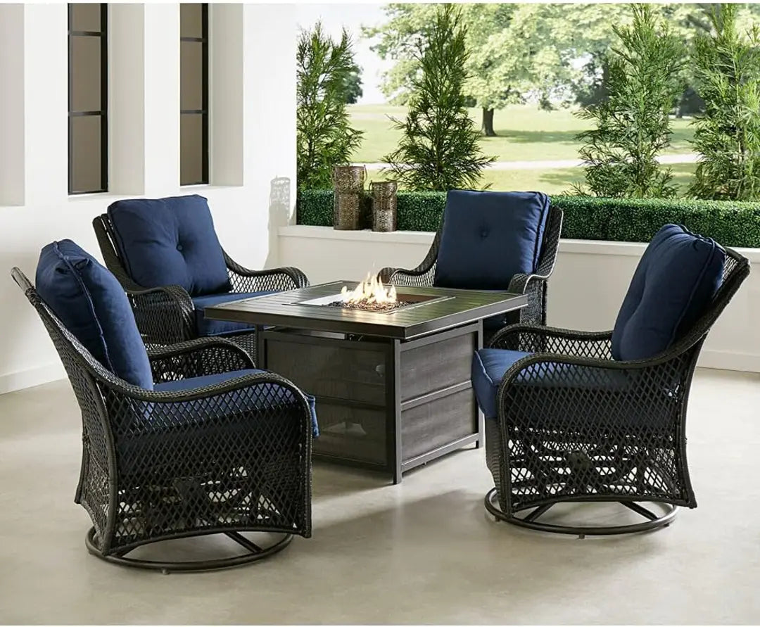 2025 New Hanover Orleans 5-Piece Steel Patio Fire Pit Conversation Set with Cushions, Swivel Gliders and Square Fire Pit Table