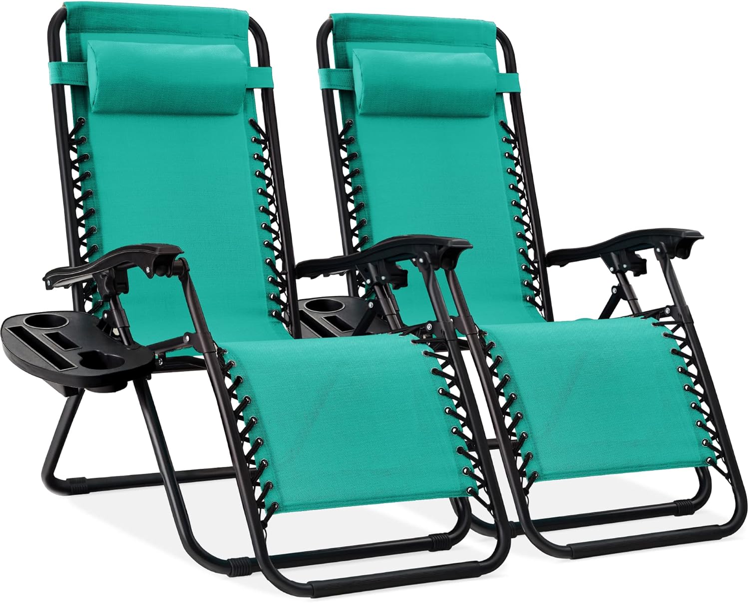 Best Choice Products Set of 2 Adjustable Steel Mesh Zero Gravity Lounge Chair Recliners w/Pillows and Cup Holder Trays - Beige