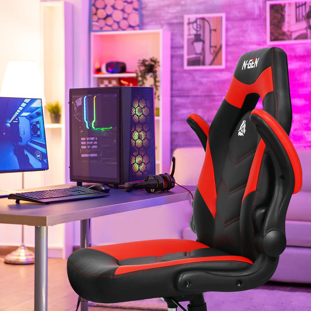 N-GEN Video Gaming Computer Chair Ergonomic Office Chair Desk Chair with Lumbar Support Flip Up Arms Adjustable Height Swivel PU Leather Executive with Wheels for Adults Women Men (Pink)