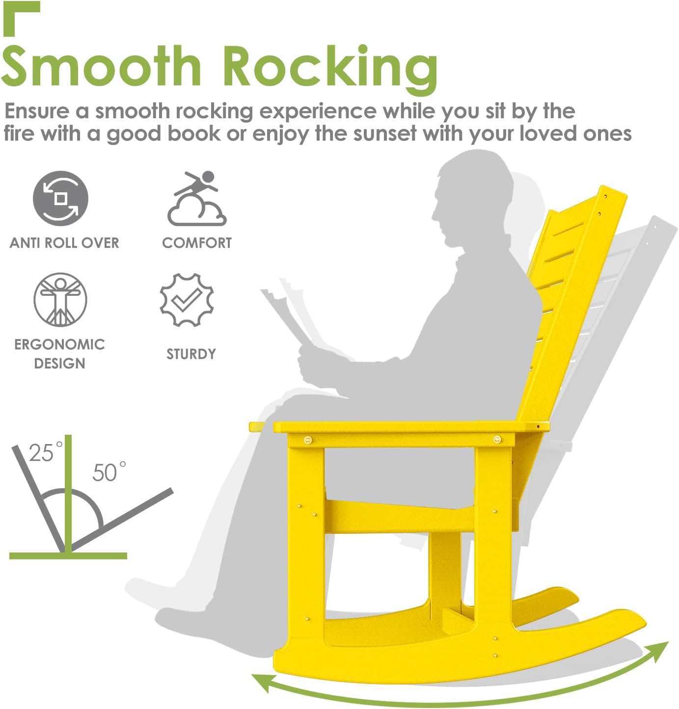 GREENVINES Outdoor Rocking Chairs | Set of 2 | Porch Rocker | HDPE Plastic | Black | Oversized Rockers | High Back | Big & Tall | Ladder Back | for Patio Outside Backyard Balcony Garden