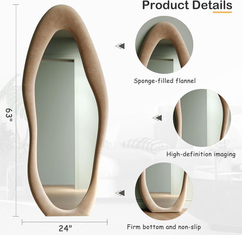 Honyee Full Length Mirror, 63" x 24" Wall Mirror, Flannel Wrapped Wooden Frame Full Body Mirror, Irregular Wavy Mirror Hanging or Leaning Against Wall for Cloakroom/Bedroom/Living Room, Ivory White