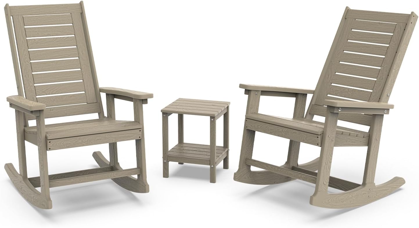 GREENVINES Outdoor Rocking Chairs | Set of 2 | Porch Rocker | HDPE Plastic | Black | Oversized Rockers | High Back | Big & Tall | Ladder Back | for Patio Outside Backyard Balcony Garden