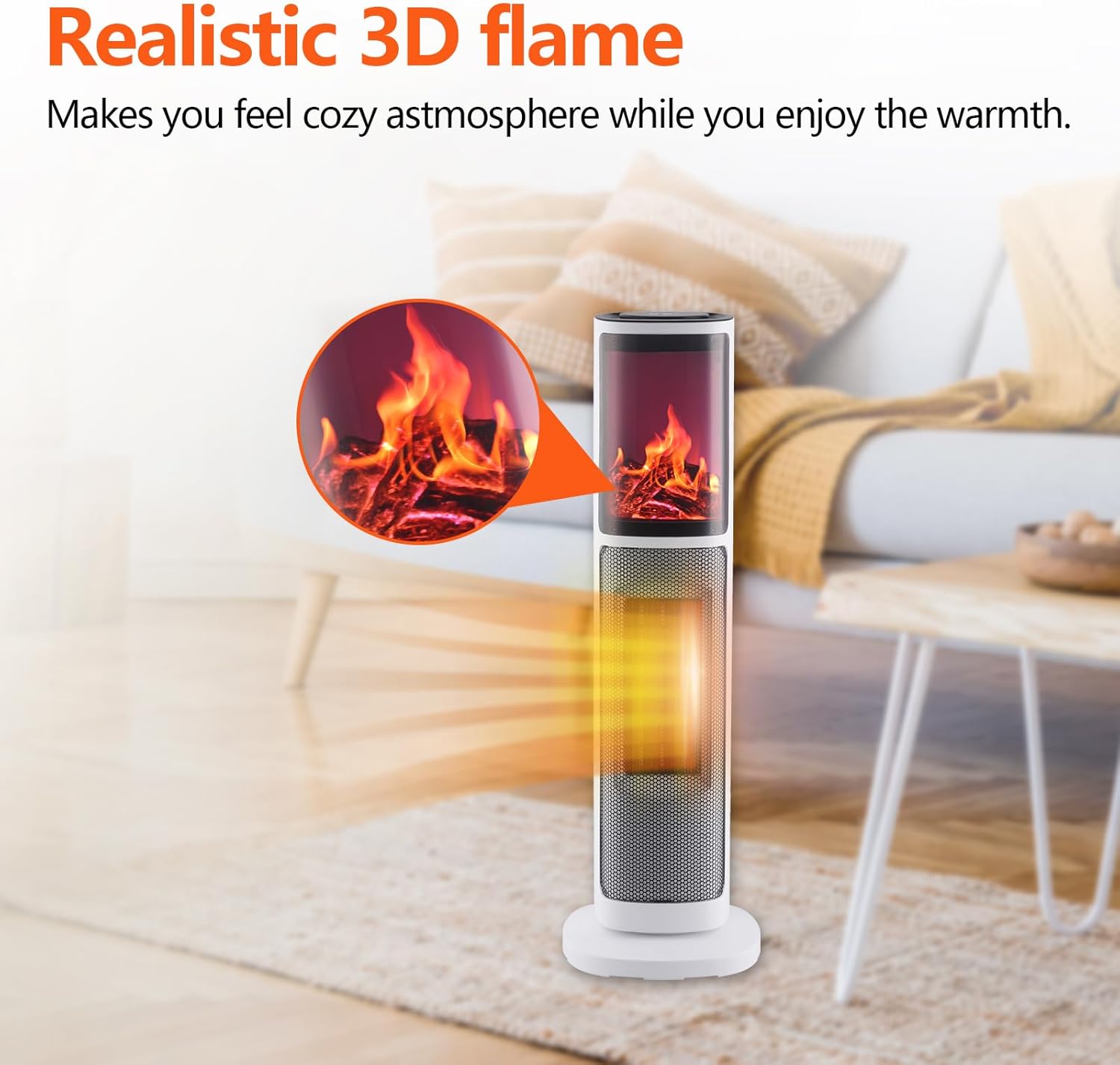Tower Heater for Indoor Use, 750/1500W Ceramic Space Heater with Thermostat&Oscillating, Digital Space Heater with Realistic 3D Flame, Timer and Remote Control