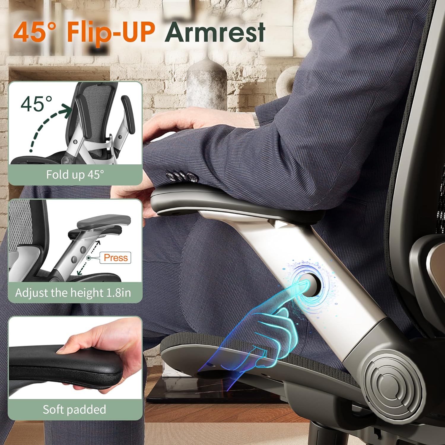 GABRYLLY Ergonomic Office Chair, High Back Home Desk Chair with Headrest, Flip-Up Arms, 90-120° Tilt Lock and Wide Cushion, Big and Tall Mesh Chairs for Man Woman, Grey Task Chair