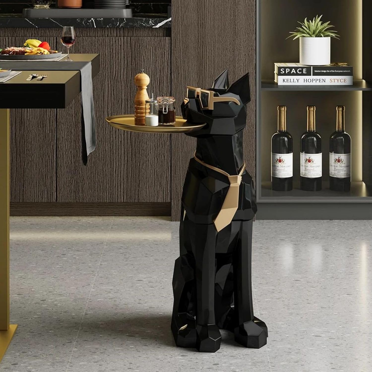 homary Modern Resin Dog Sculpture Geometric Standing Statue Cute End Side Table with Metal Storage Tray Tissue Box (White)